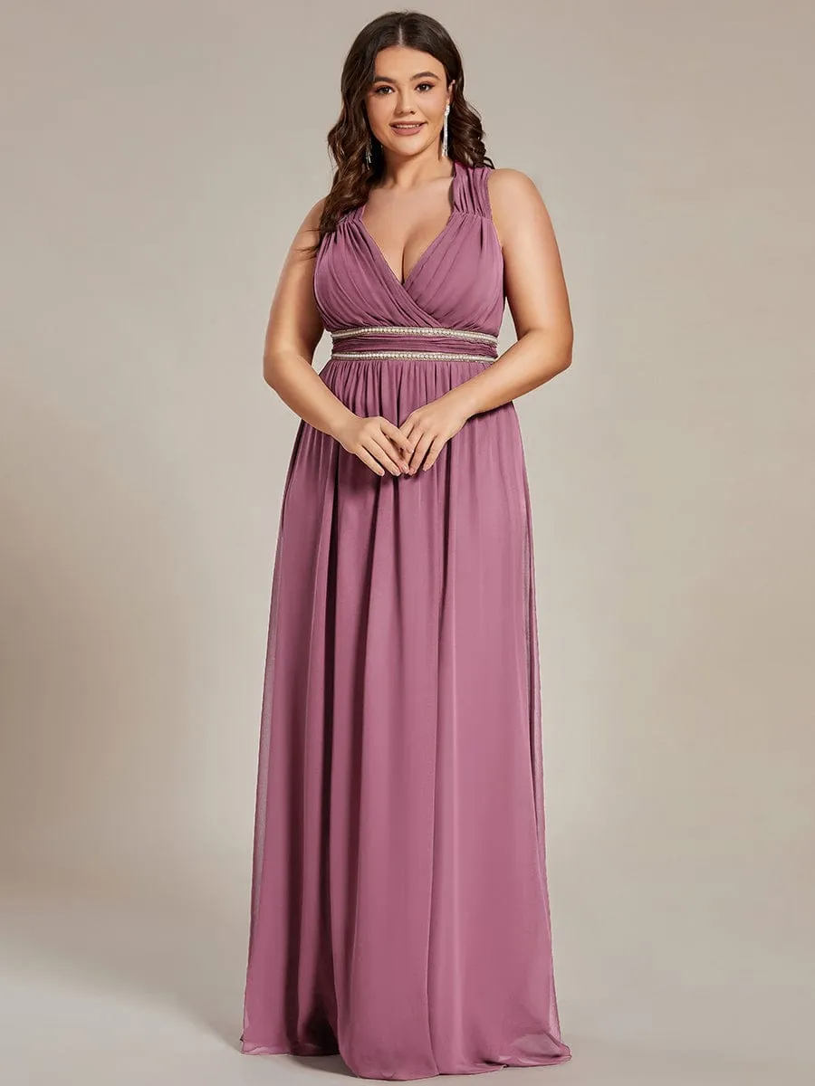 Plus Size Sleeveless Beaded Belt Chiffon Formal Evening Dress