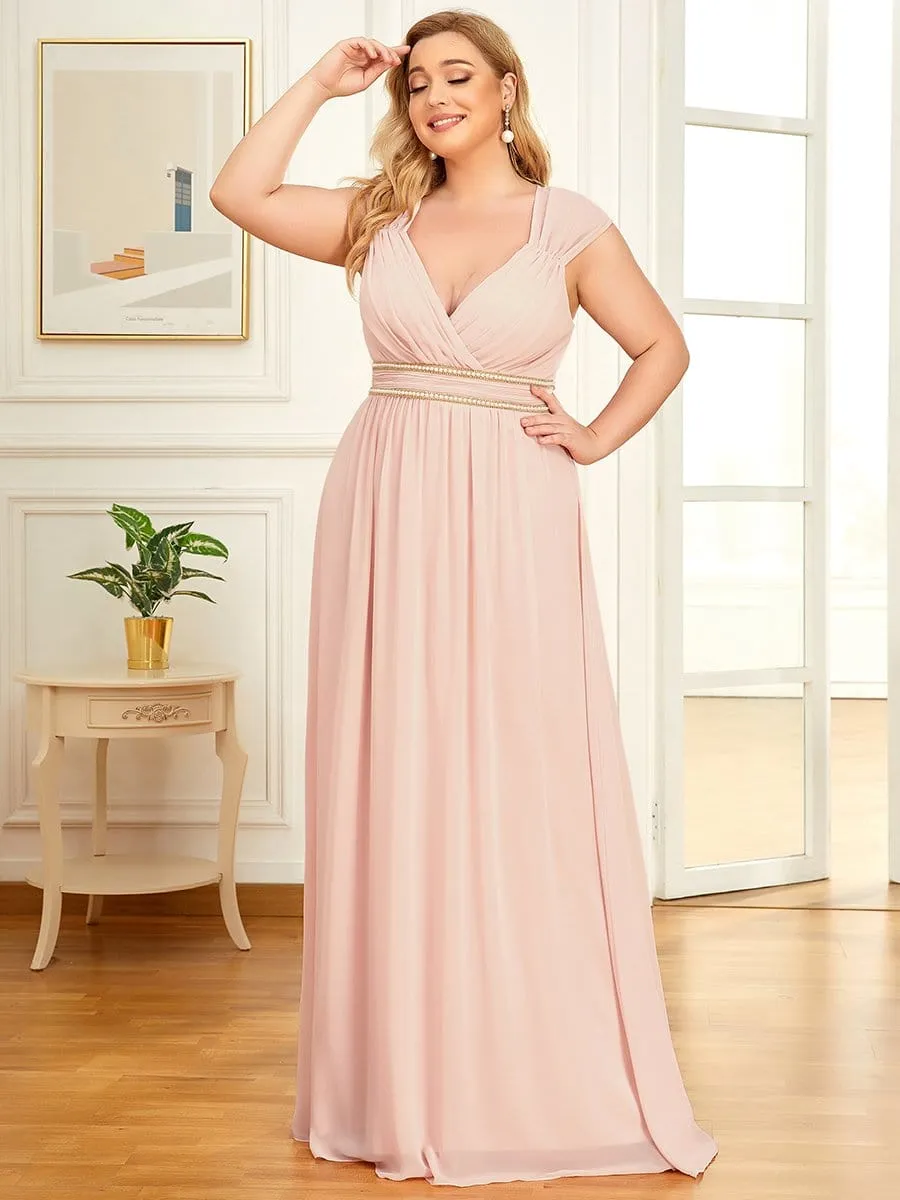 Plus Size Sleeveless Beaded Belt Chiffon Formal Evening Dress