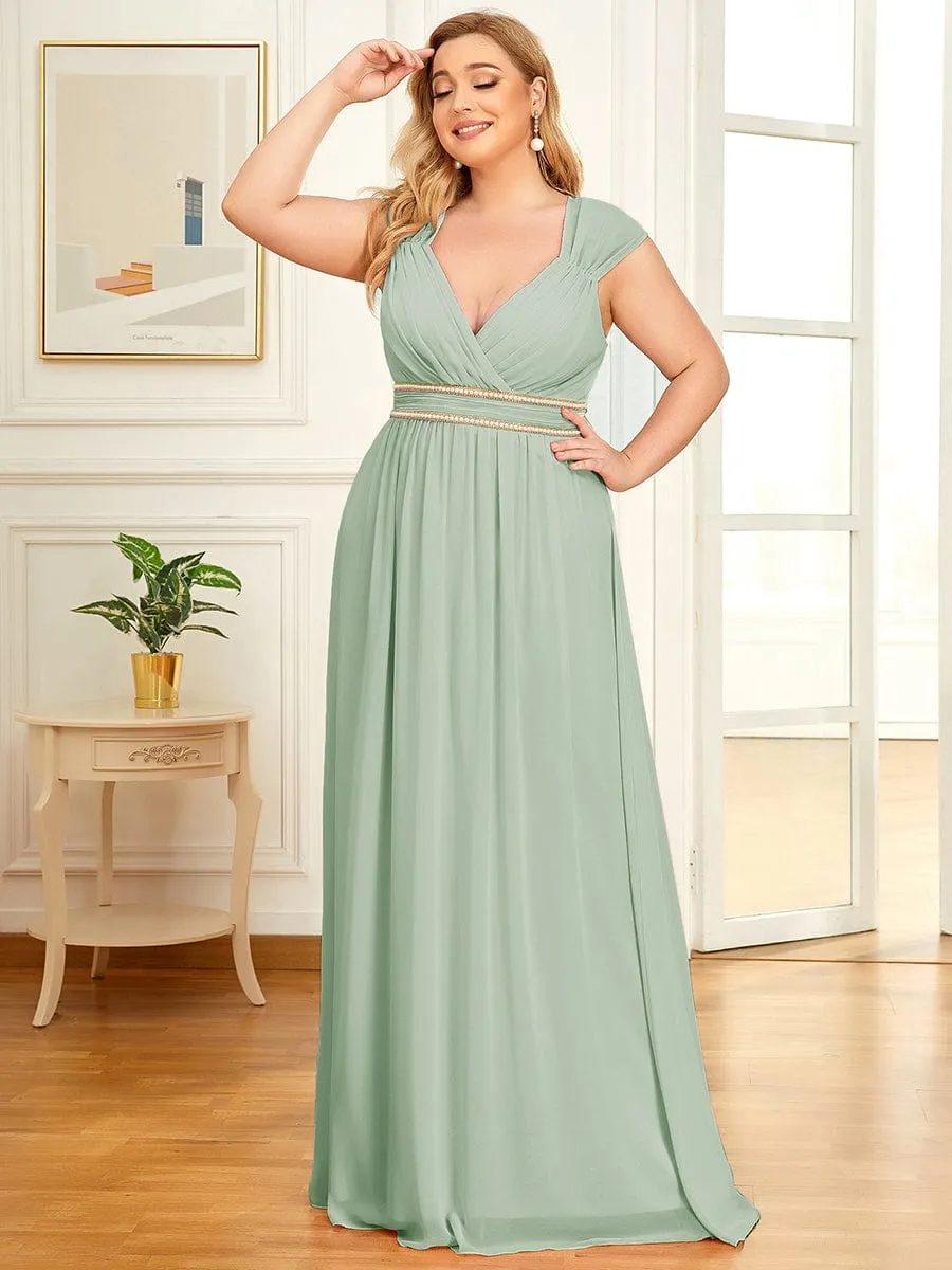 Plus Size Sleeveless Beaded Belt Chiffon Formal Evening Dress