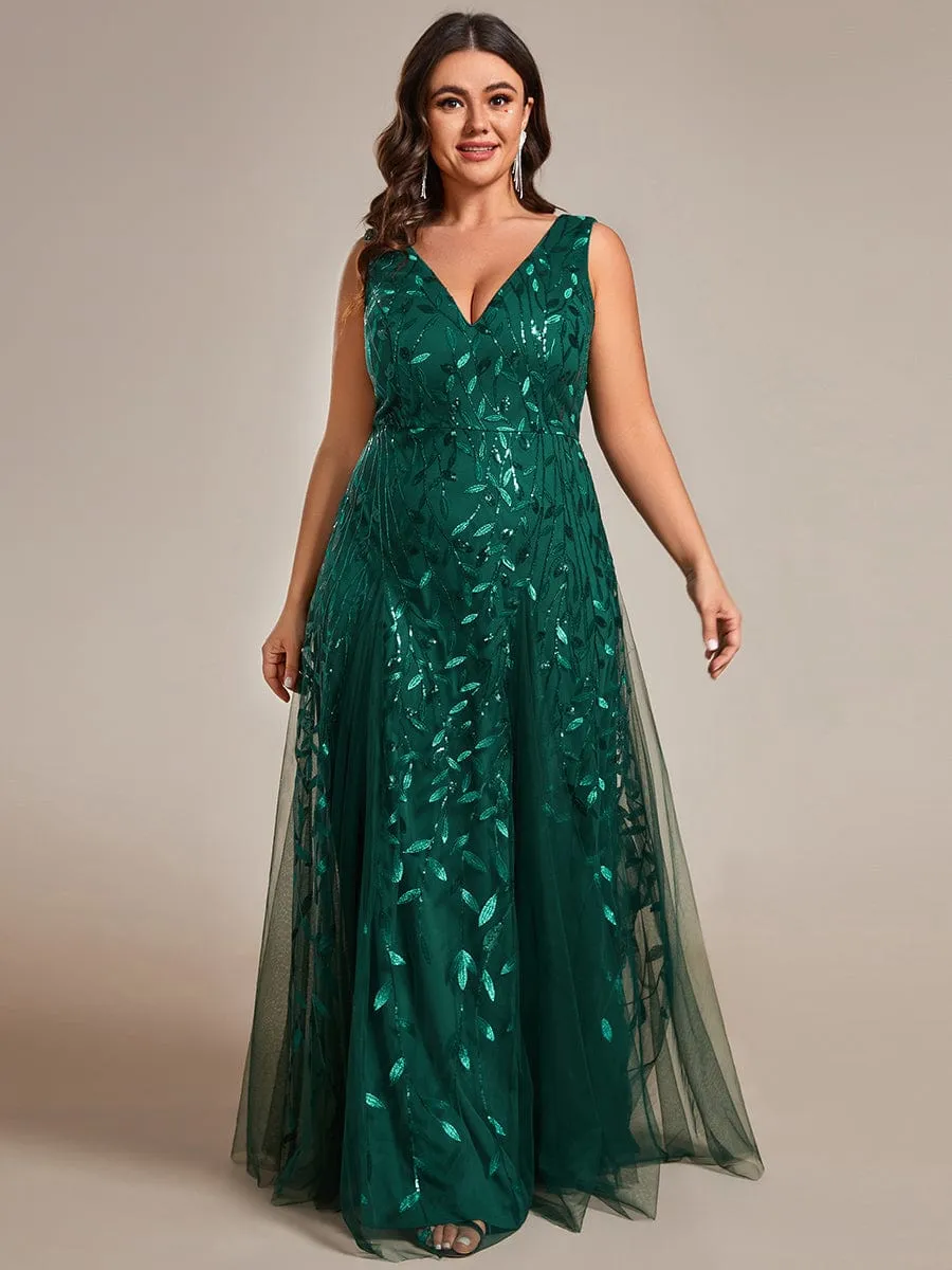 Plus Size Sparkling Sleeveless Leaf Sequin A-Line Formal Evening Dress