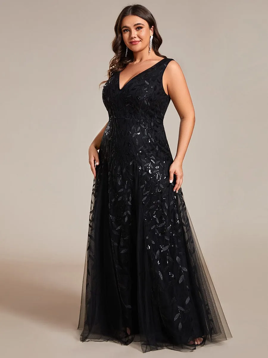 Plus Size Sparkling Sleeveless Leaf Sequin A-Line Formal Evening Dress