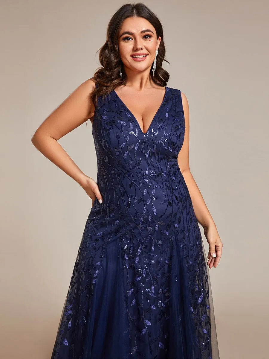 Plus Size Sparkling Sleeveless Leaf Sequin A-Line Formal Evening Dress