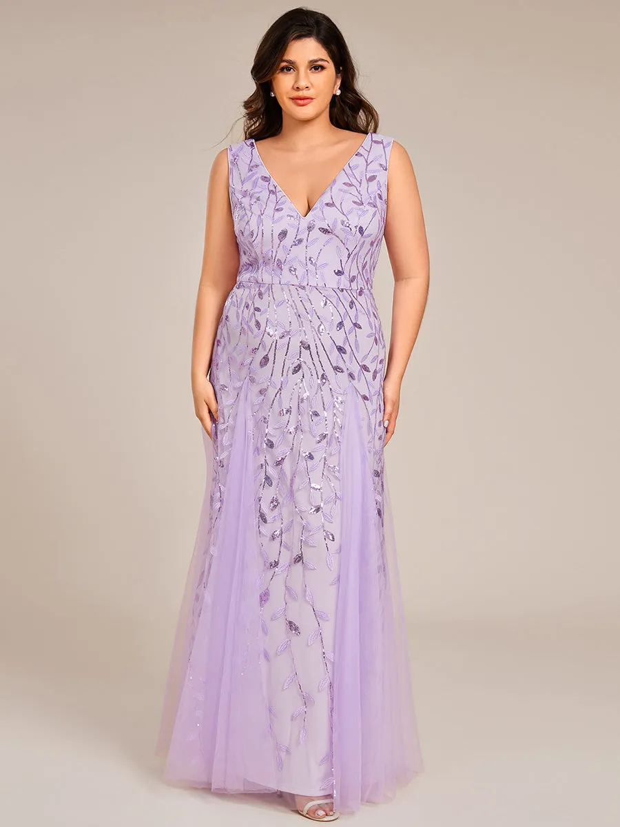 Plus Size Sparkling Sleeveless Leaf Sequin A-Line Formal Evening Dress