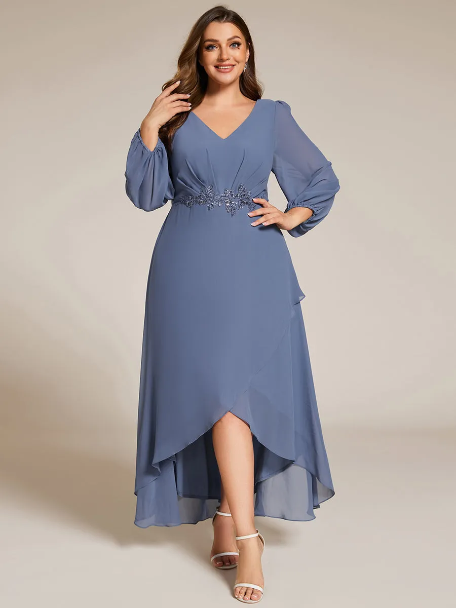 Plus Size V-Neck Long Sleeves Chiffon Formal Evening Dress with Applique