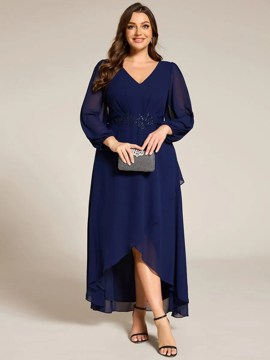 Plus Size V-Neck Long Sleeves Chiffon Formal Evening Dress with Applique