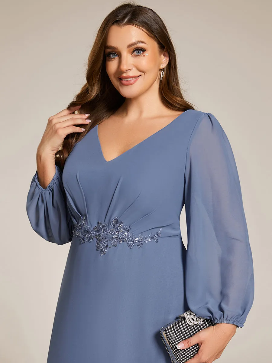 Plus Size V-Neck Long Sleeves Chiffon Formal Evening Dress with Applique