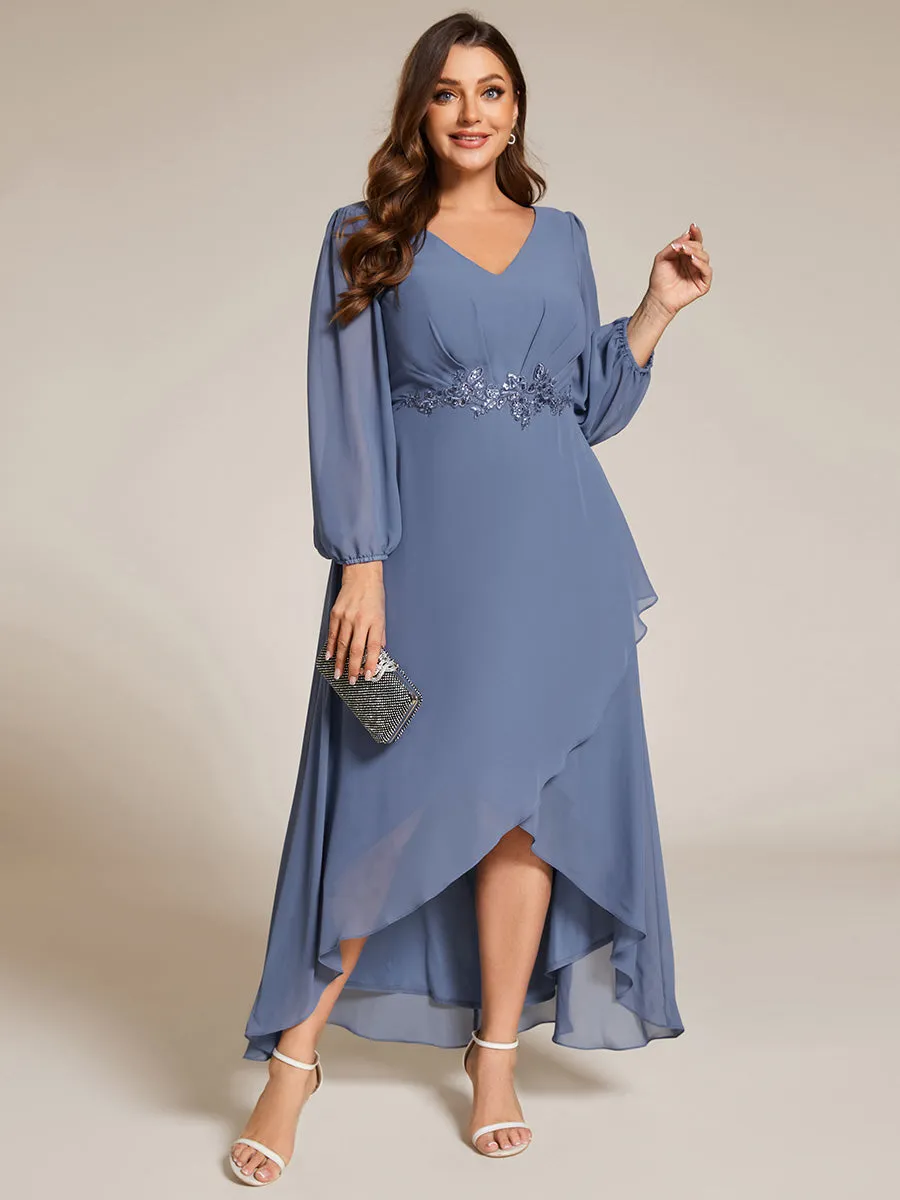 Plus Size V-Neck Long Sleeves Chiffon Formal Evening Dress with Applique