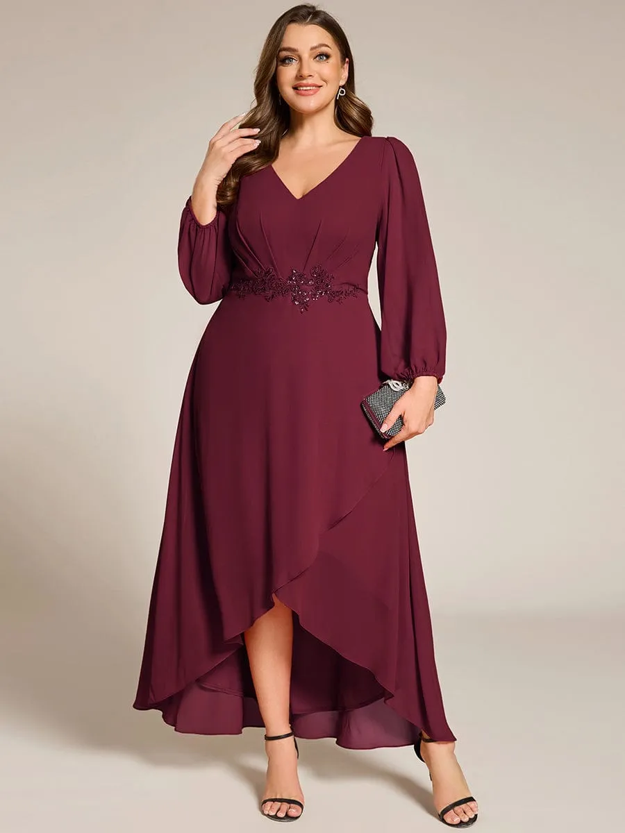 Plus Size V-Neck Long Sleeves Chiffon Formal Evening Dress with Applique