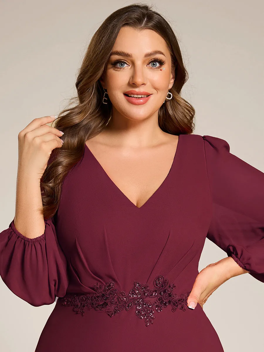 Plus Size V-Neck Long Sleeves Chiffon Formal Evening Dress with Applique