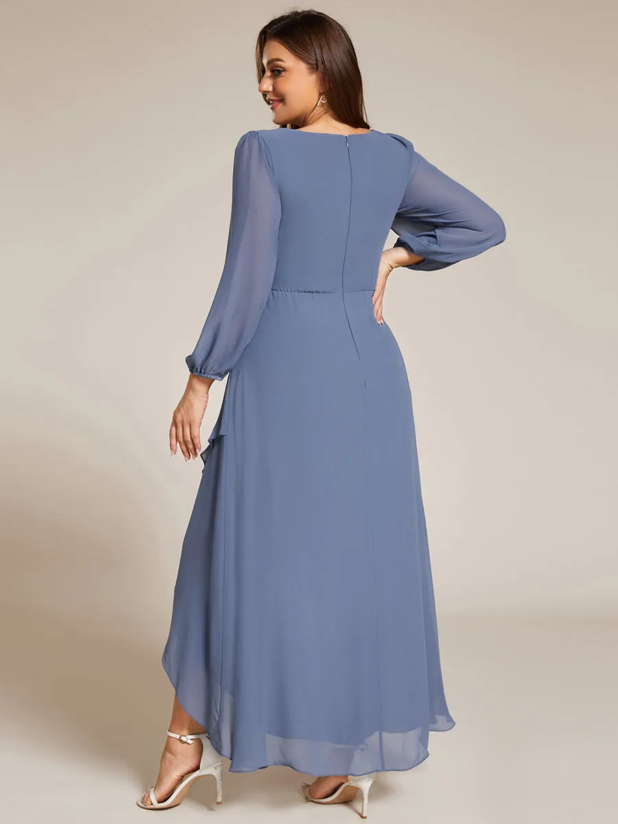 Plus Size V-Neck Long Sleeves Chiffon Formal Evening Dress with Applique