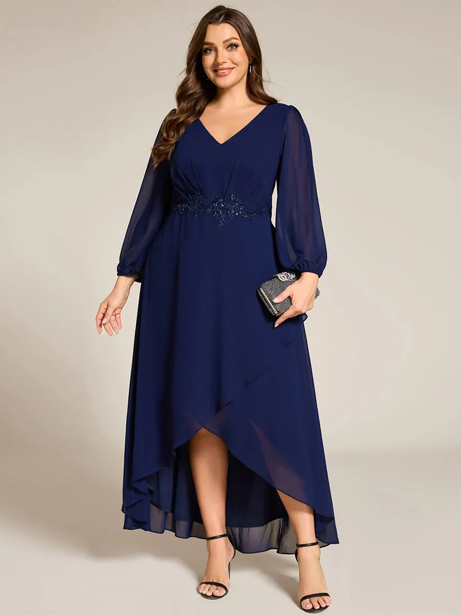 Plus Size V-Neck Long Sleeves Chiffon Formal Evening Dress with Applique