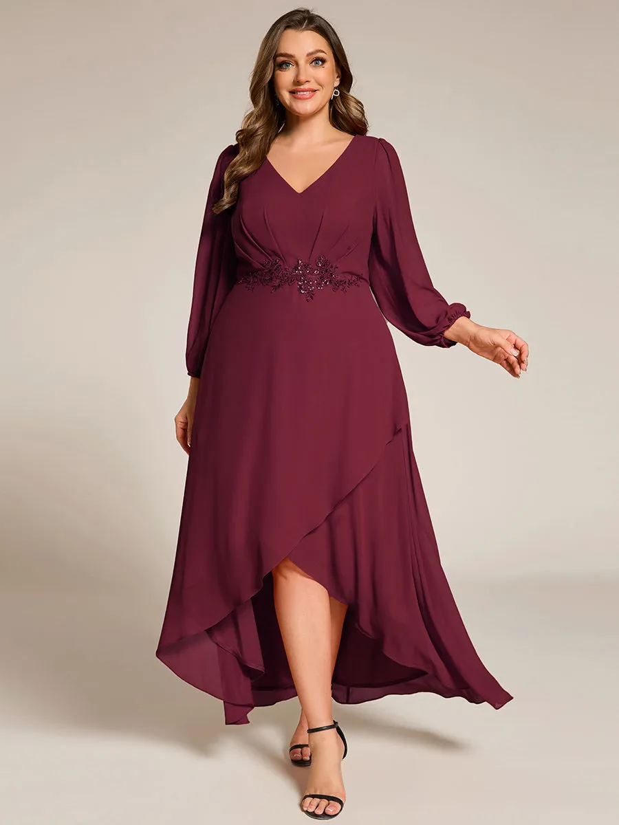 Plus Size V-Neck Long Sleeves Chiffon Formal Evening Dress with Applique