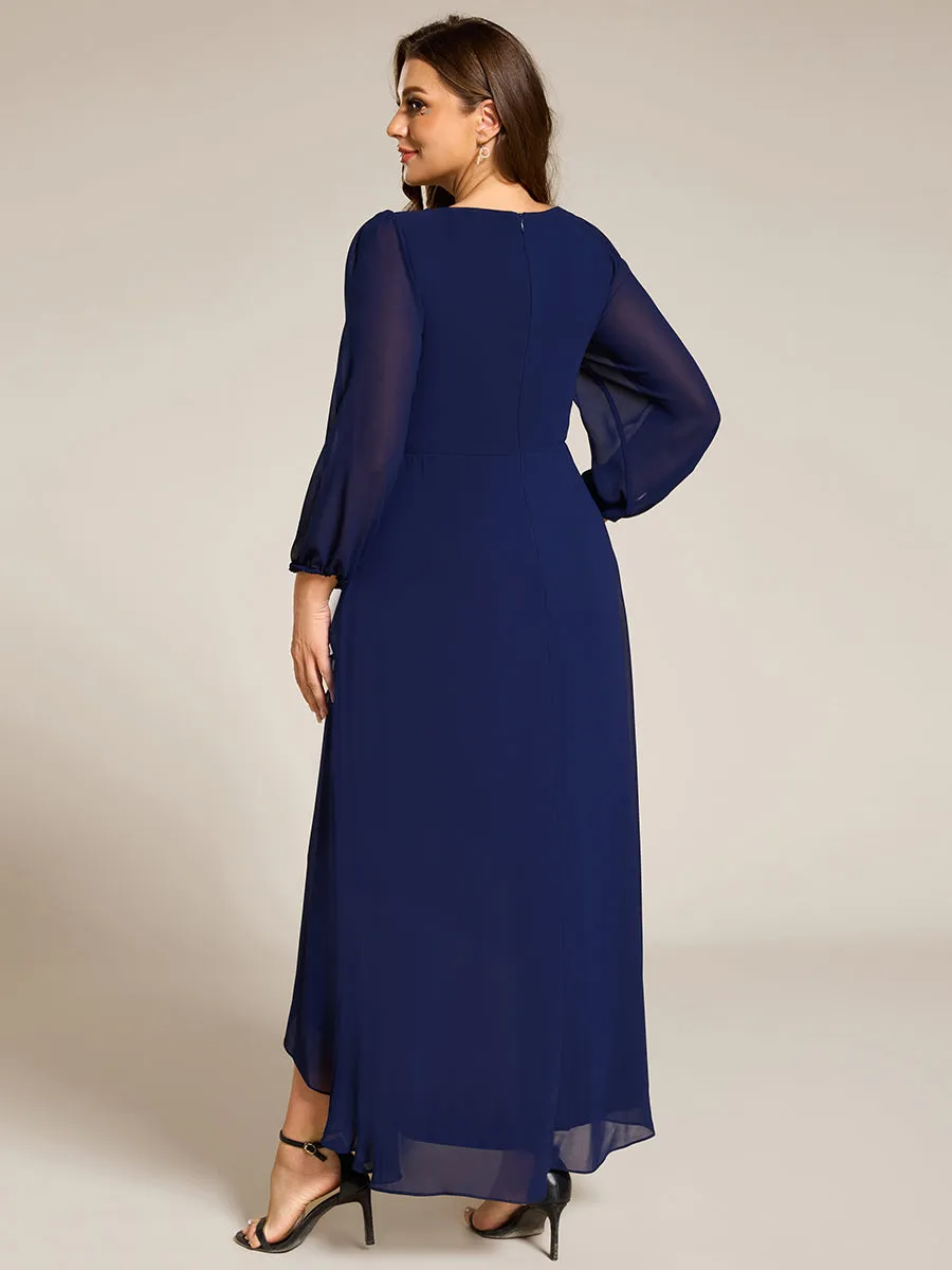 Plus Size V-Neck Long Sleeves Chiffon Formal Evening Dress with Applique