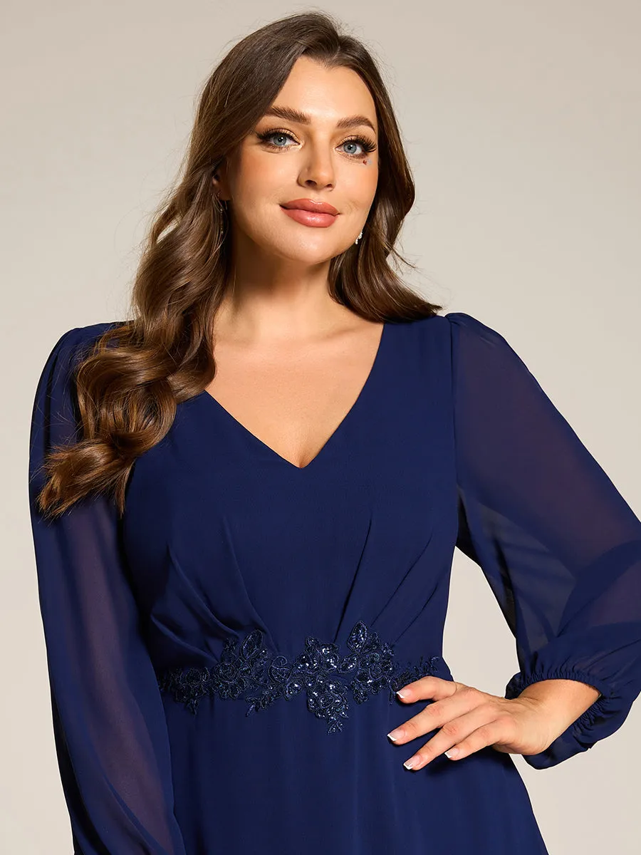 Plus Size V-Neck Long Sleeves Chiffon Formal Evening Dress with Applique