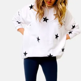 Poppy Cozy Chic White Sweatshirt - Glossy Black Stars