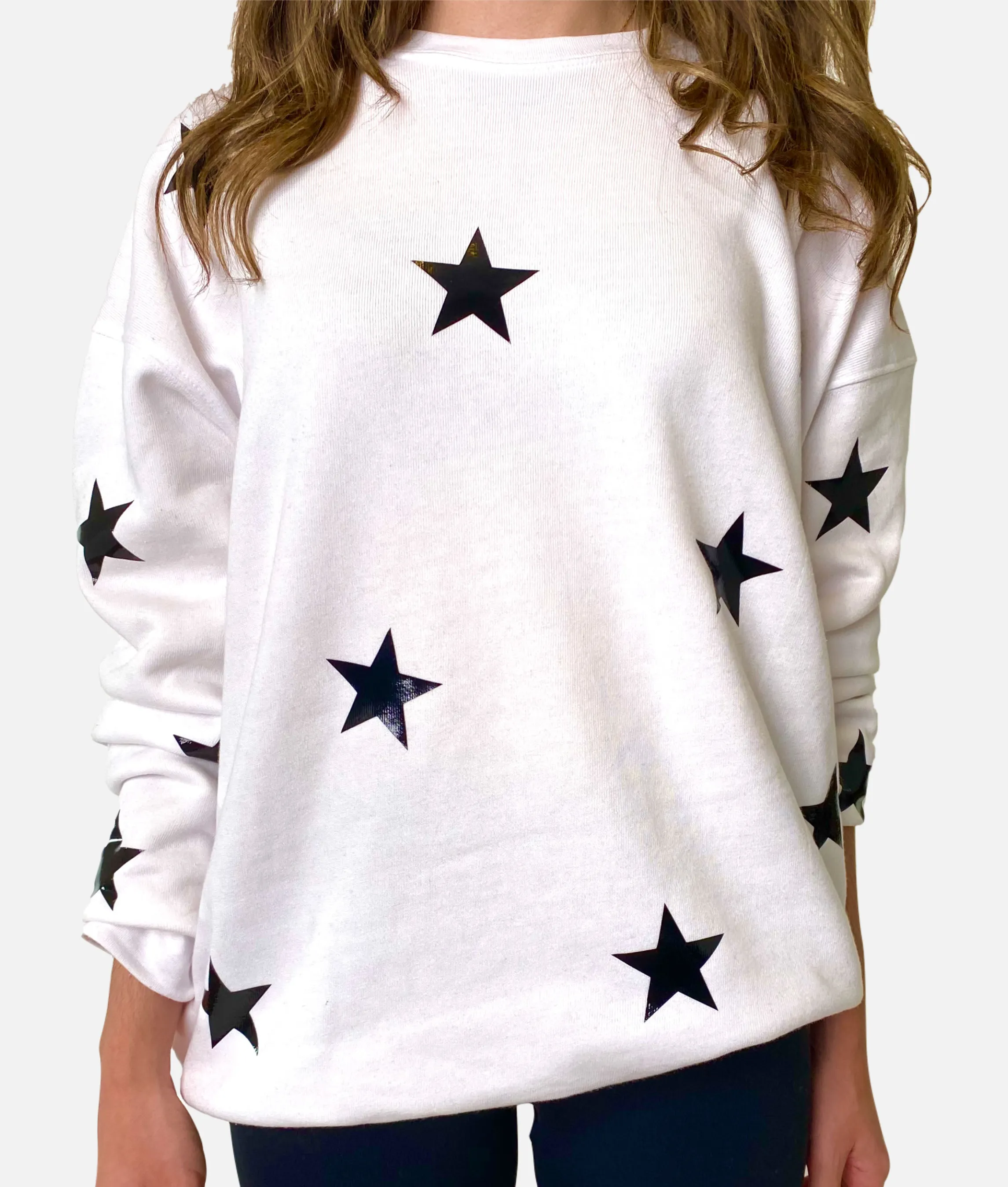 Poppy Cozy Chic White Sweatshirt - Glossy Black Stars