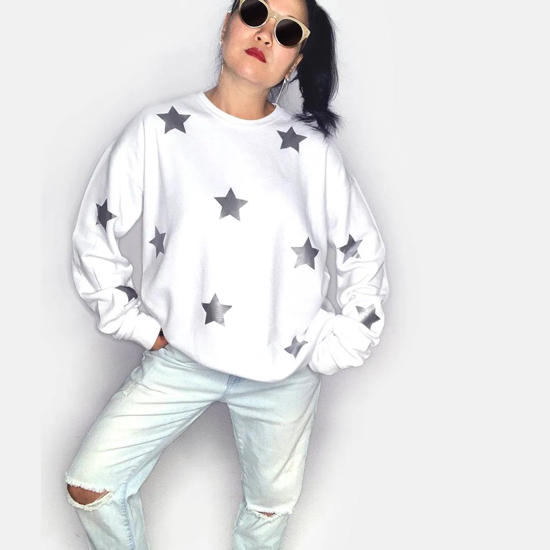 Poppy Cozy Chic White Sweatshirt - Silver Metallic Stars