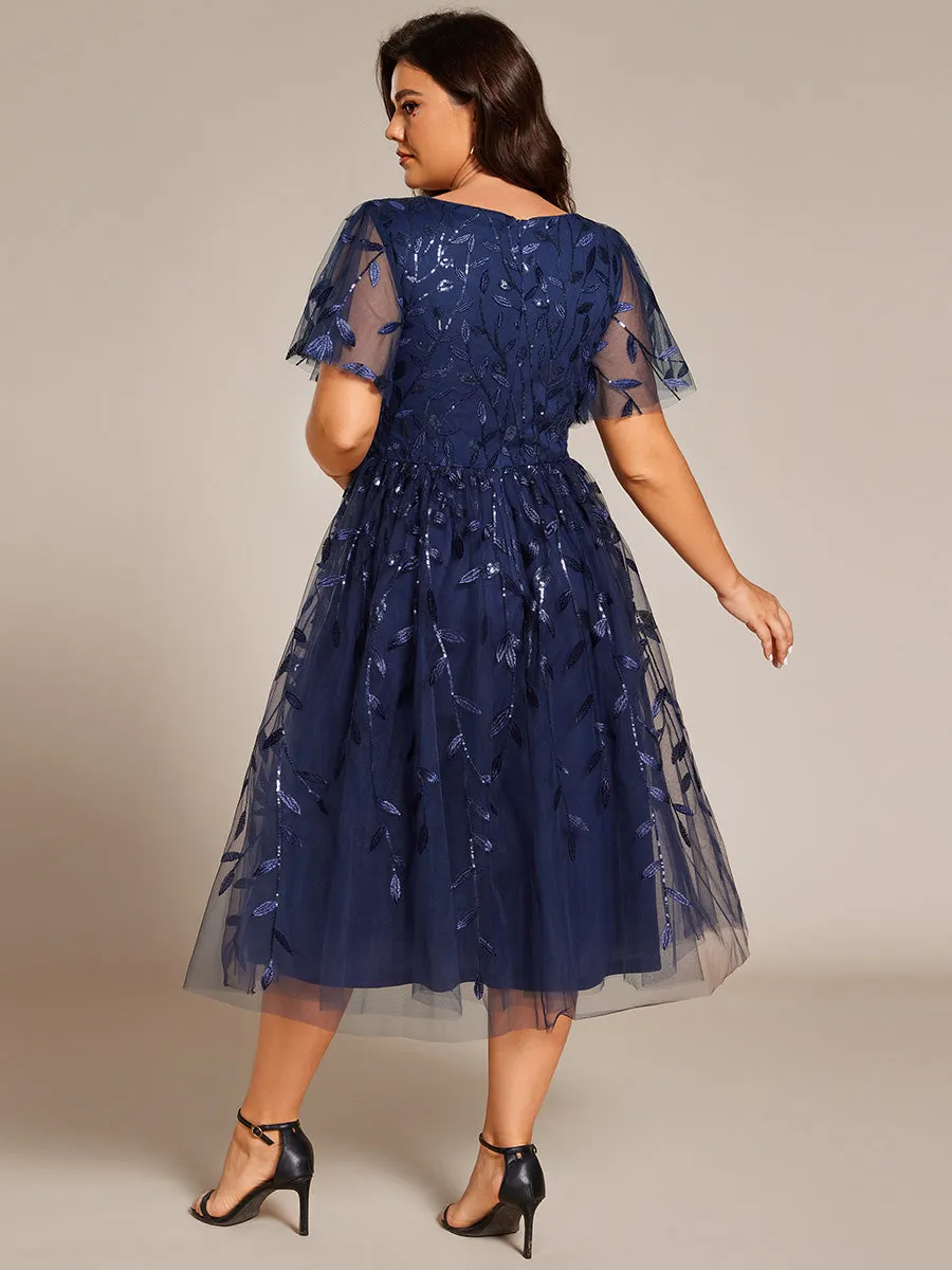 Short Sleeves Leaf Sequin A-Line Midi Formal Wedding Guest Dress