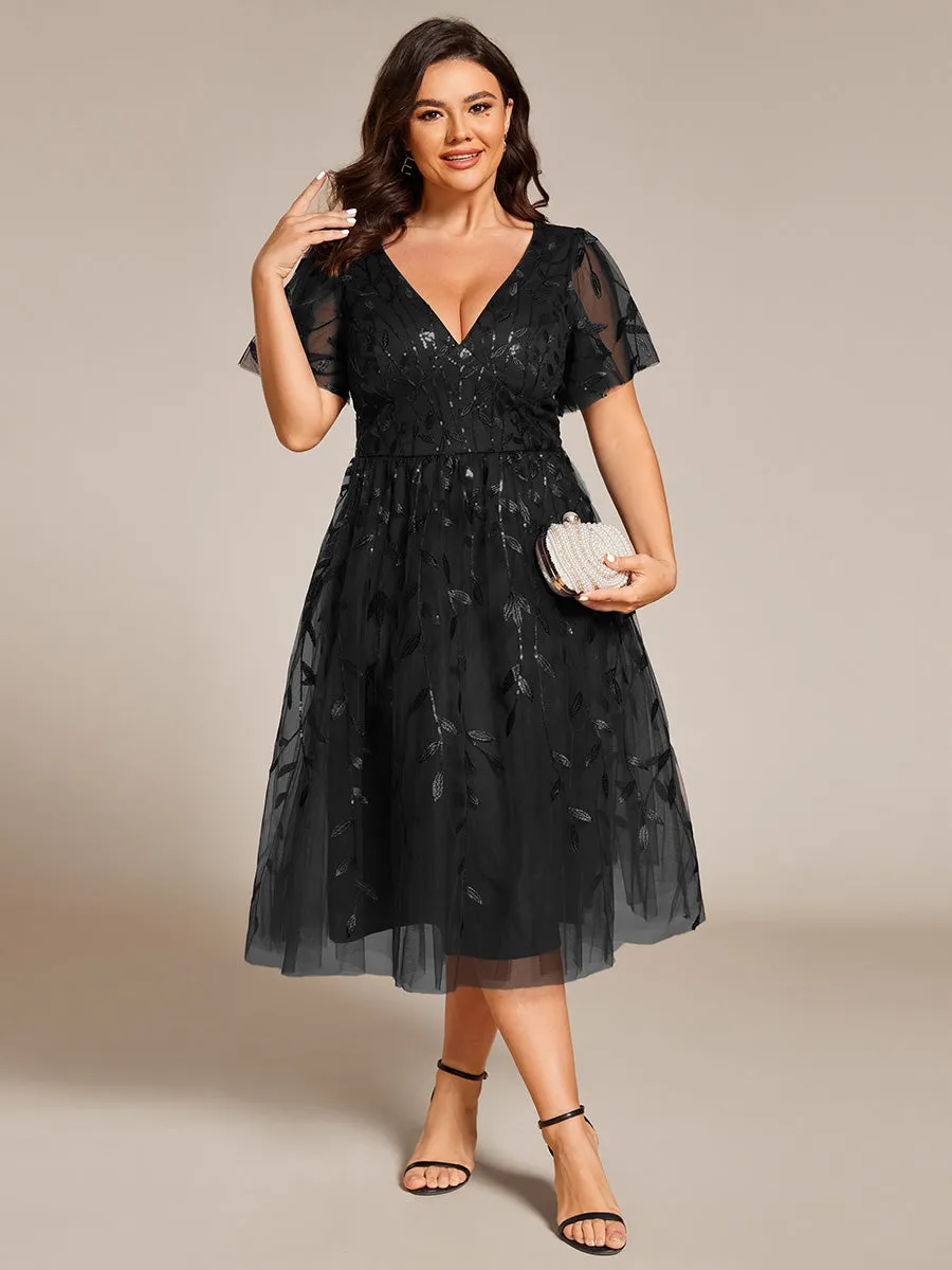 Short Sleeves Leaf Sequin A-Line Midi Formal Wedding Guest Dress