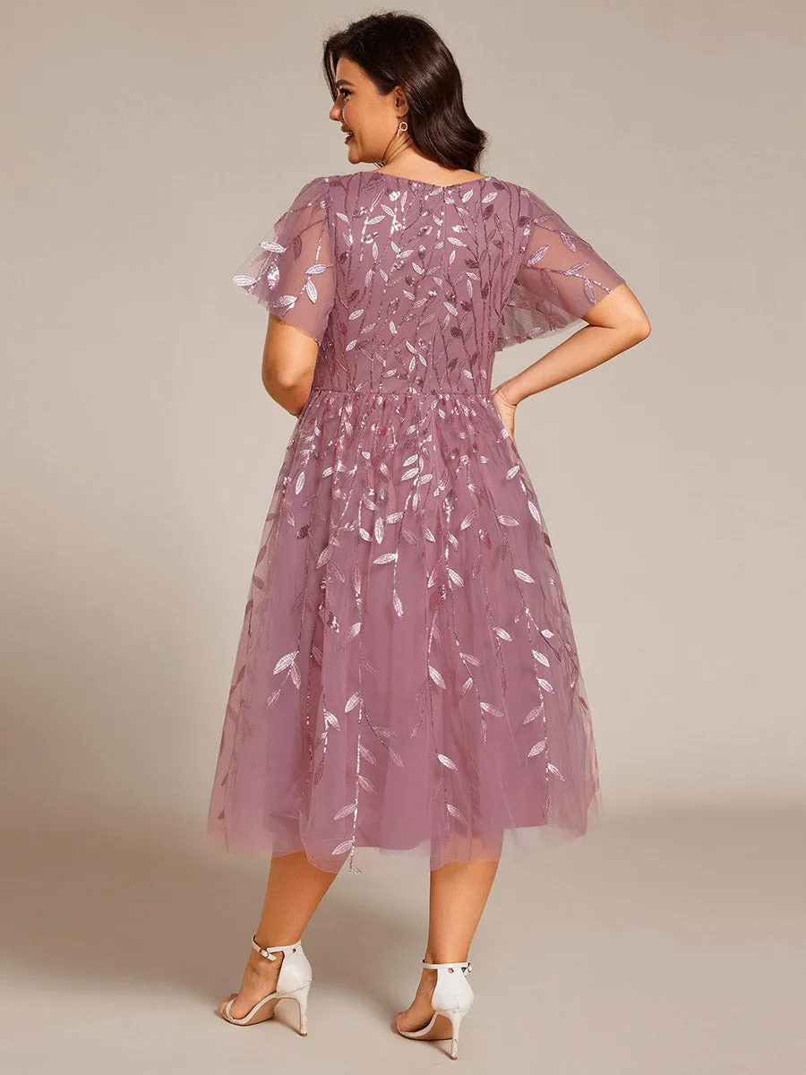 Short Sleeves Leaf Sequin A-Line Midi Formal Wedding Guest Dress