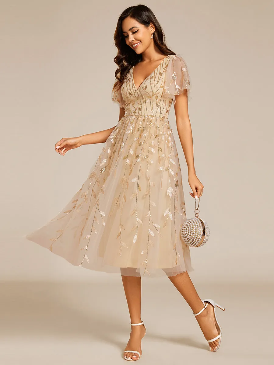 Short Sleeves Leaf Sequin A-Line Midi Formal Wedding Guest Dress