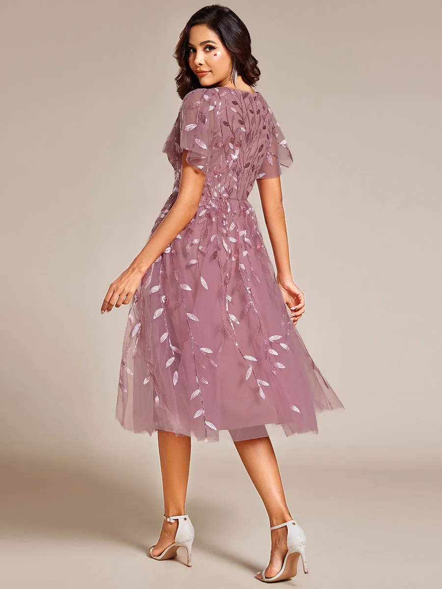 Short Sleeves Leaf Sequin A-Line Midi Formal Wedding Guest Dress