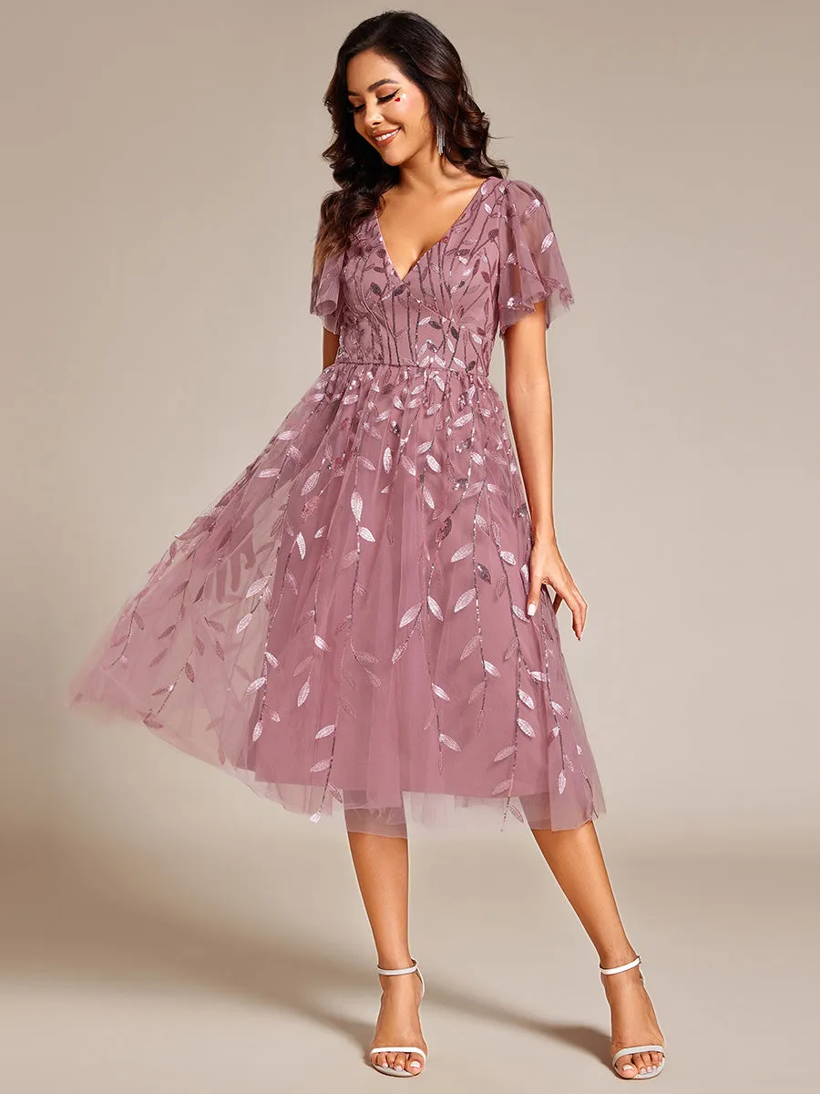 Short Sleeves Leaf Sequin A-Line Midi Formal Wedding Guest Dress