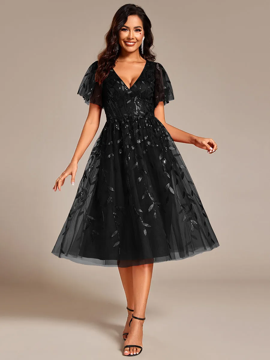 Short Sleeves Leaf Sequin A-Line Midi Formal Wedding Guest Dress