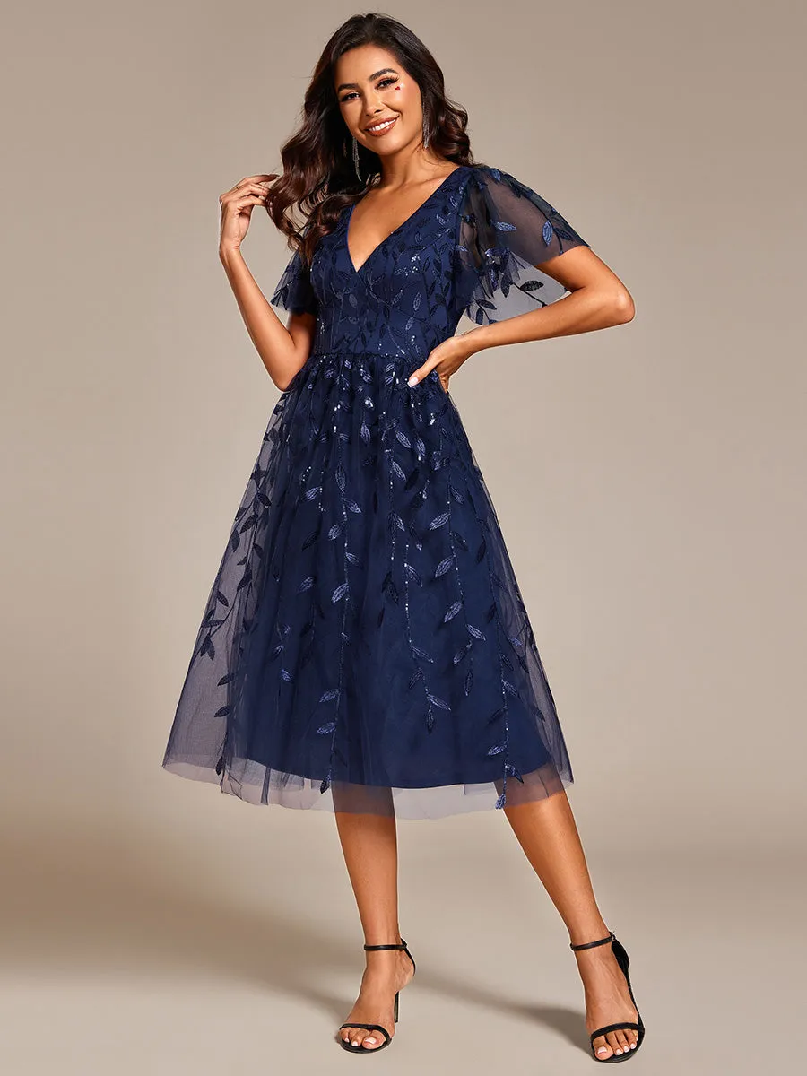 Short Sleeves Leaf Sequin A-Line Midi Formal Wedding Guest Dress