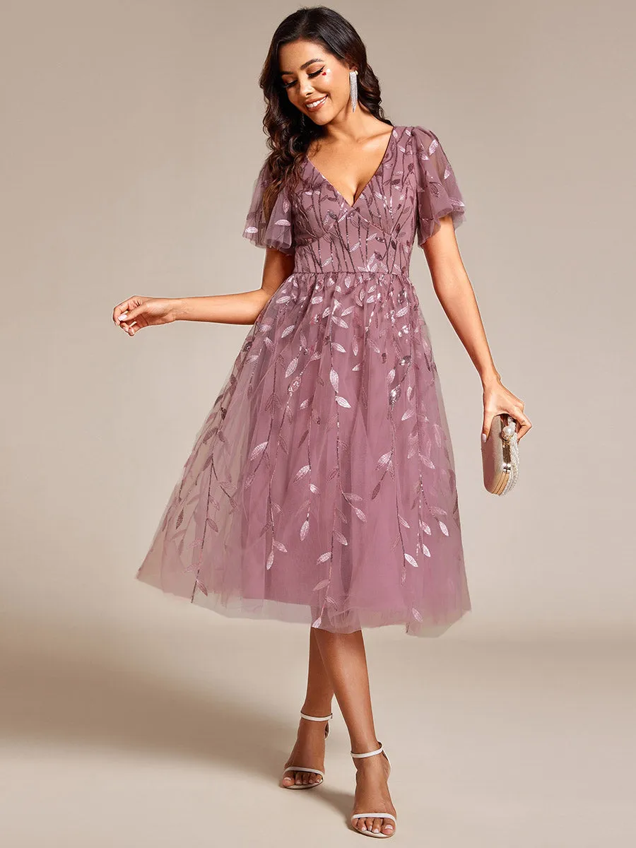 Short Sleeves Leaf Sequin A-Line Midi Formal Wedding Guest Dress