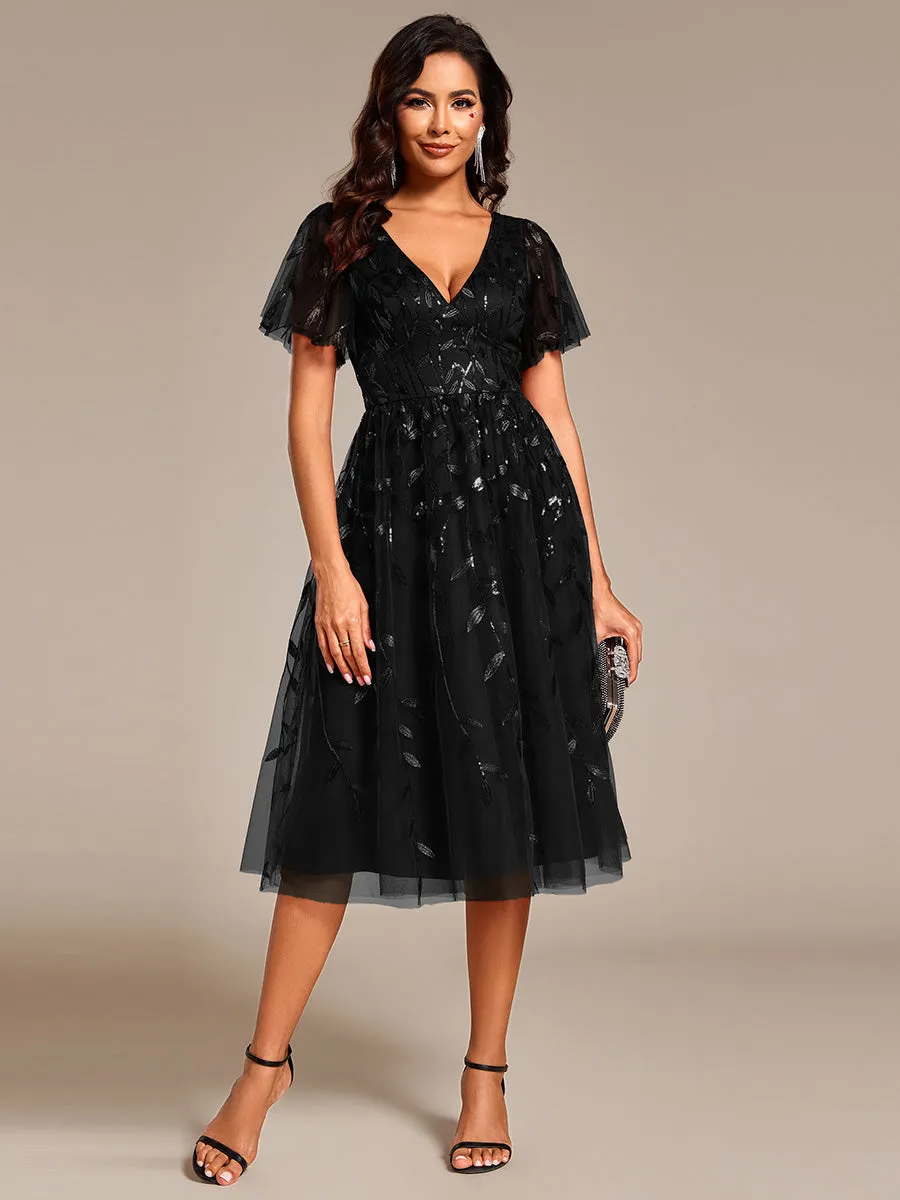 Short Sleeves Leaf Sequin A-Line Midi Formal Wedding Guest Dress