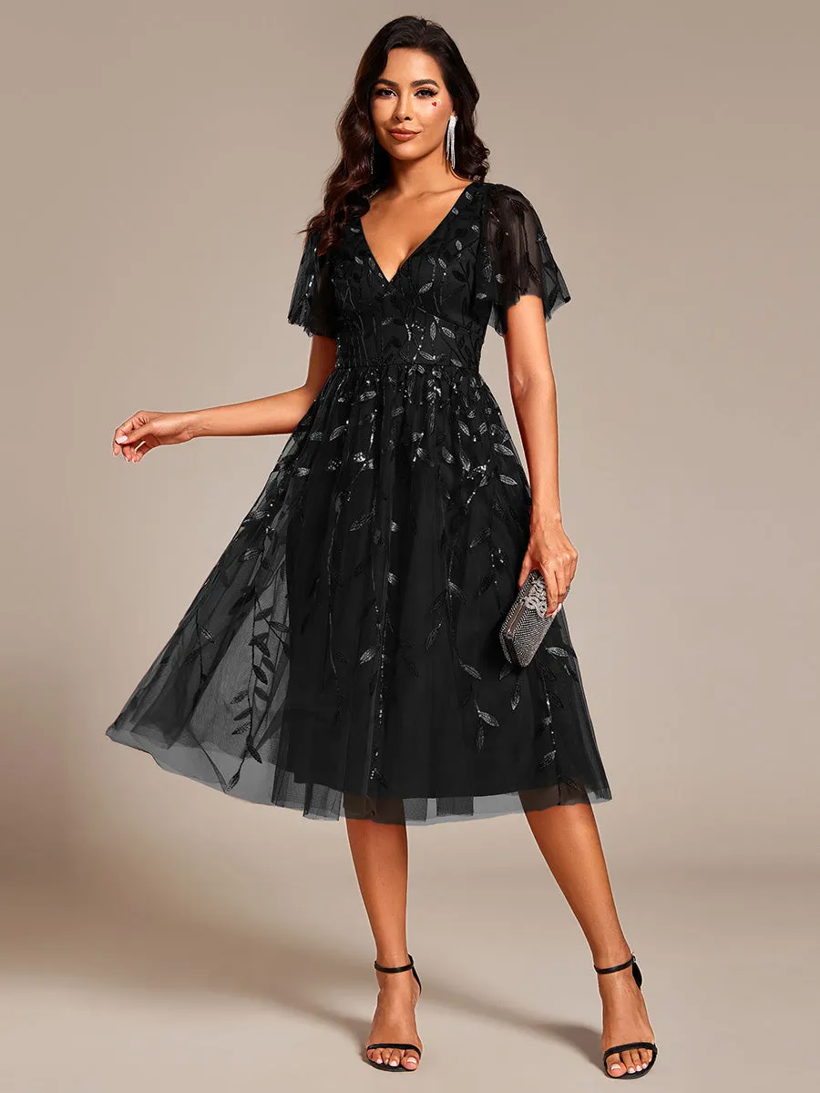 Short Sleeves Leaf Sequin A-Line Midi Formal Wedding Guest Dress