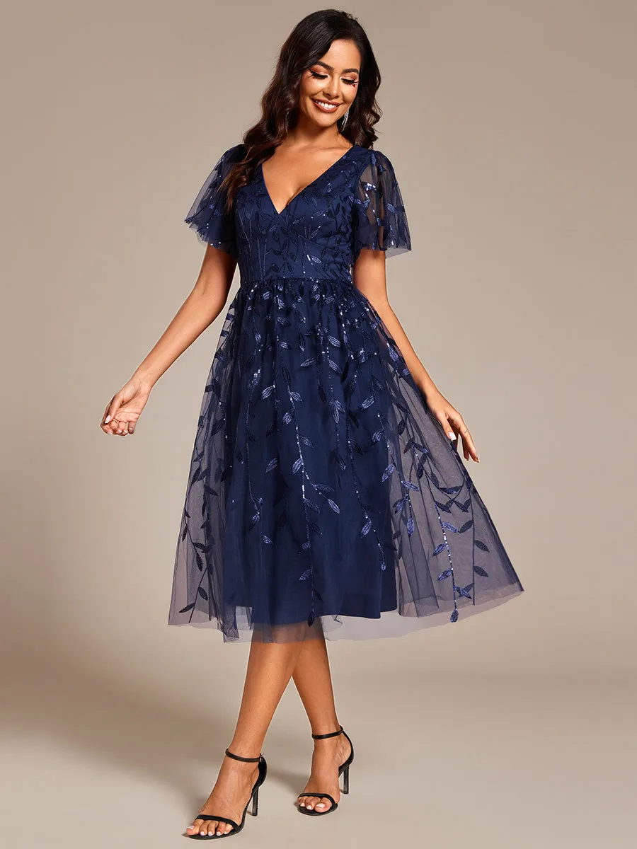 Short Sleeves Leaf Sequin A-Line Midi Formal Wedding Guest Dress