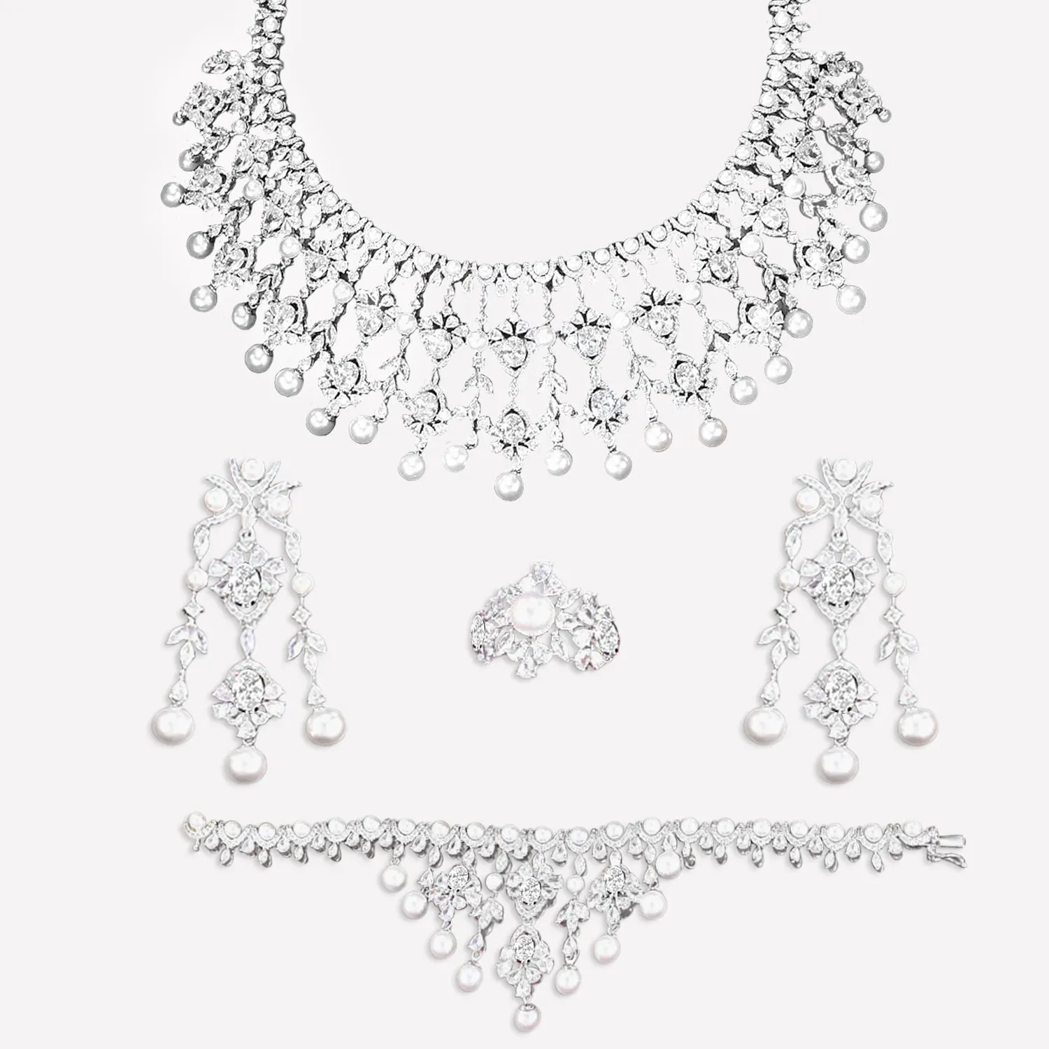 Spectacular 4-Piece Pearl and Cubic Zirconia Formal Jewellery Sets