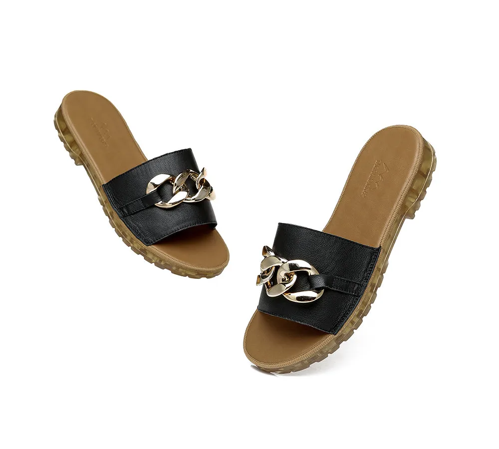 TARRAMARRA® Women Leather Metal Ultra Soft Flat Slides Jianna