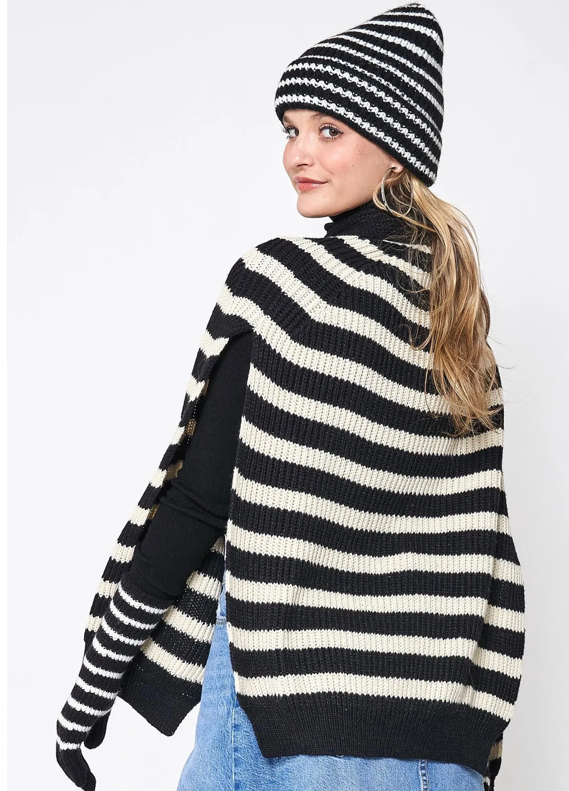 Tie on sweater available in ivory stripe or black stripe