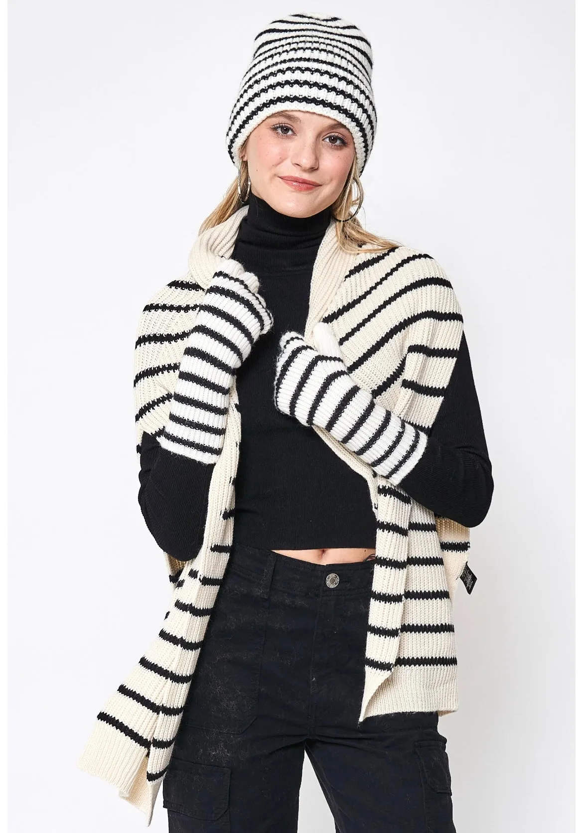 Tie on sweater available in ivory stripe or black stripe