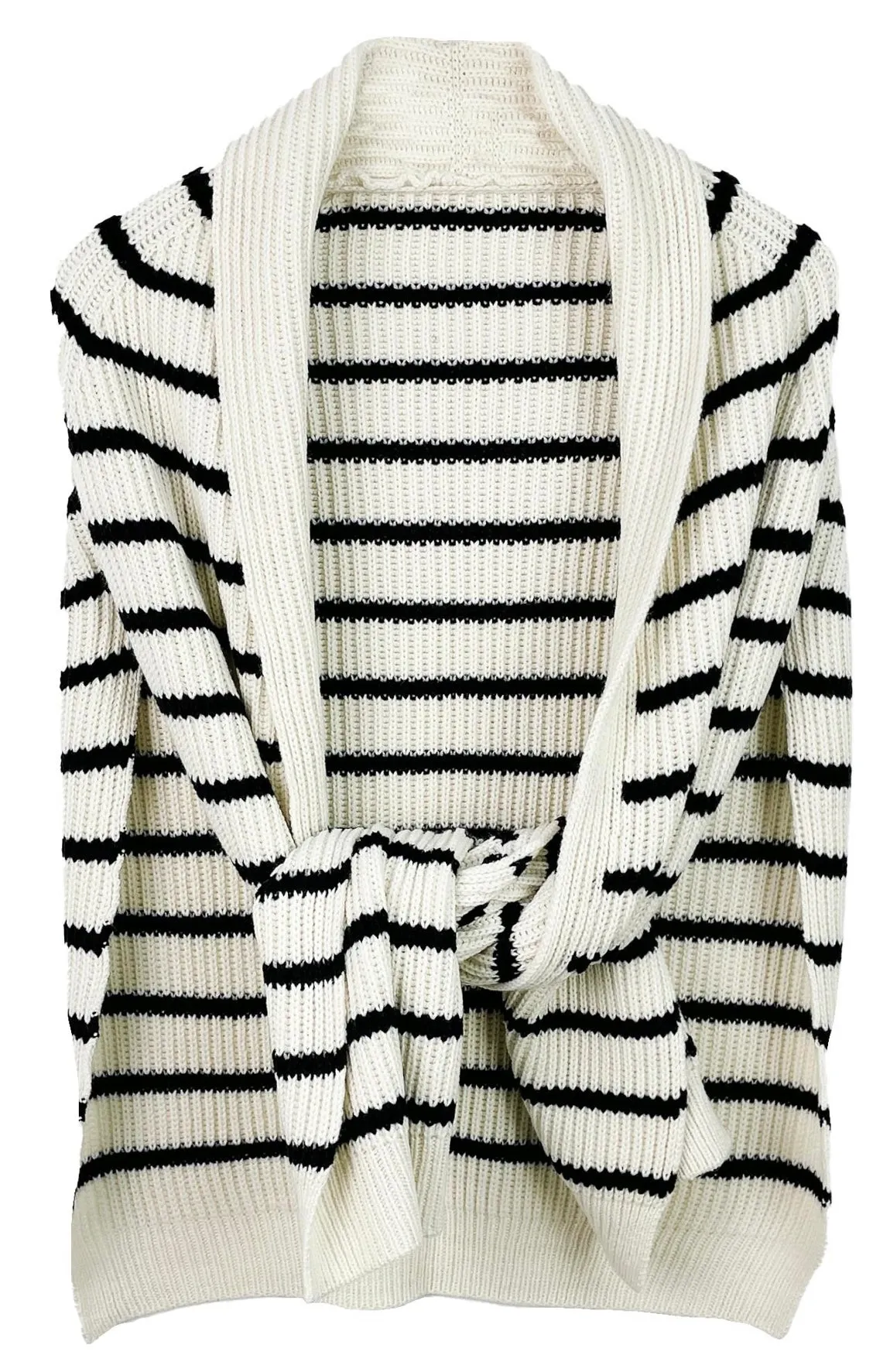 Tie on sweater available in ivory stripe or black stripe