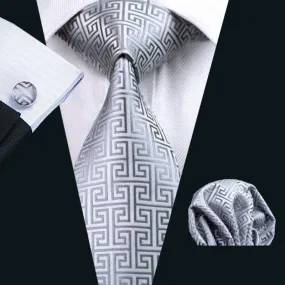 Trendy Men's Formal 100% Silk Gray Woven Tie, Hanky, Cufflinks Set